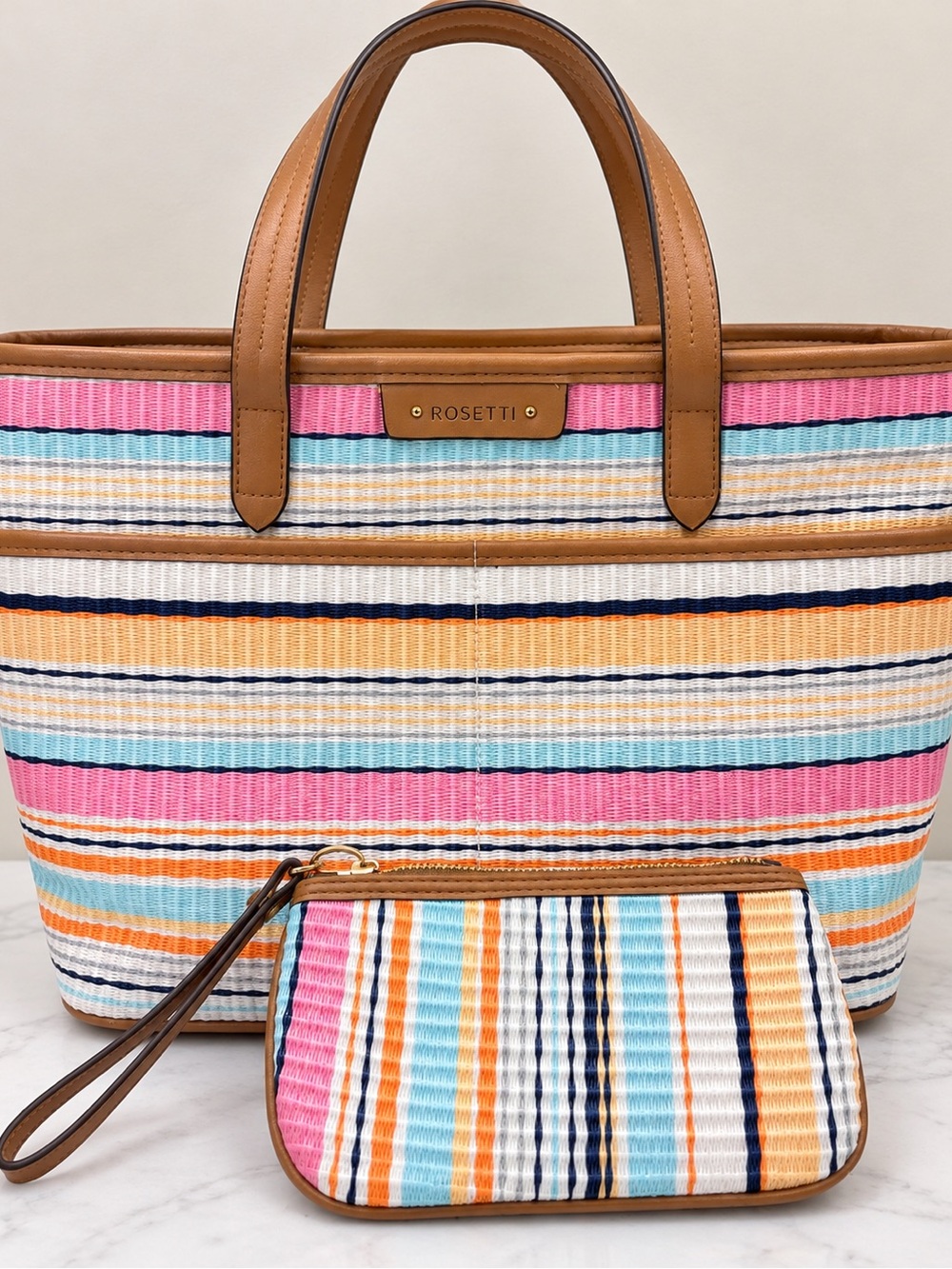 Rosetti Multicolor Striped Tote with Matching Wristlet - Pink, Blue & Tan